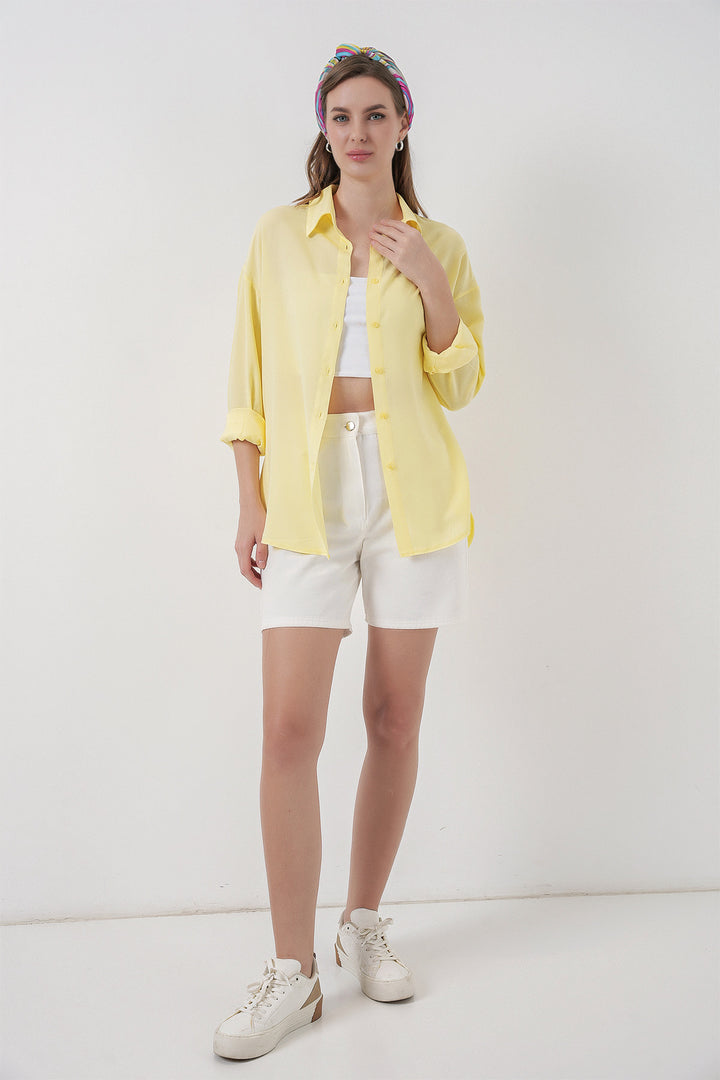 BGD Women Kadın Oversize Viskon Gömlek 3785 - Sarı - Jonesboro