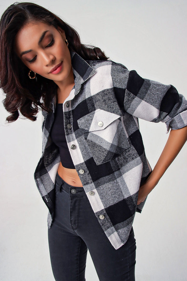 BGD Women Plaid Pattern Double Pocket Shirt - Black - Mission