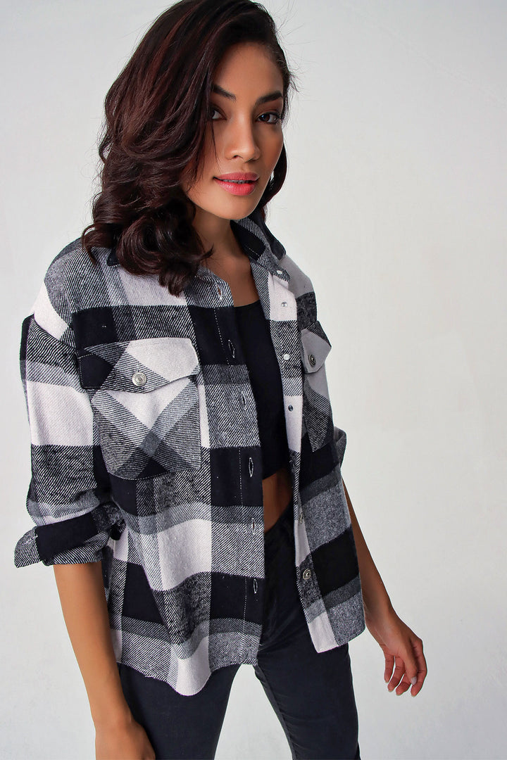 BGD Women Plaid Pattern Double Pocket Shirt - Black - Mission
