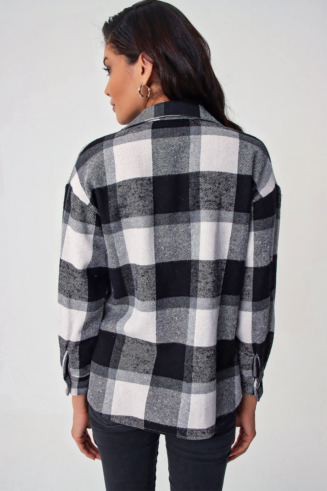 BGD Women Plaid Pattern Double Pocket Shirt - Black - Mission