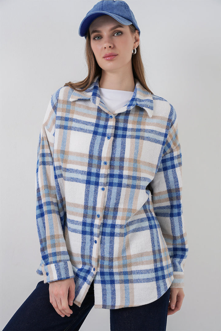 BGD Women Woman Plaid Pattern Oversized Lumberjack Shirt 3854 A.Ecru - Harrow