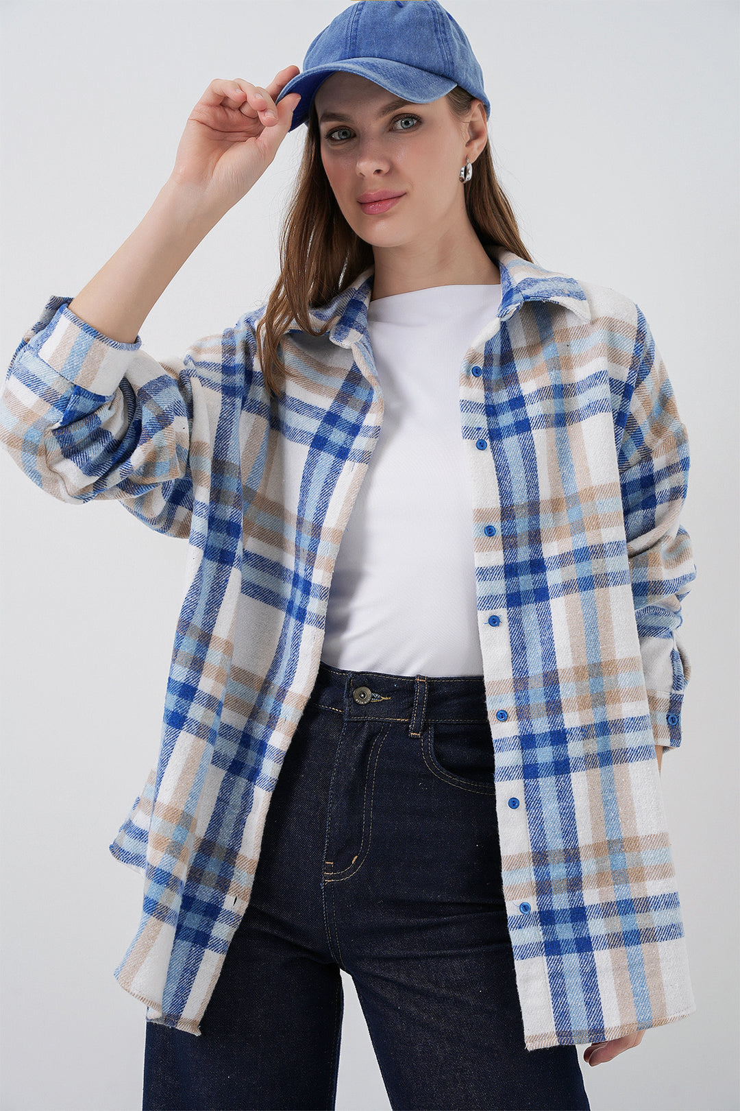 BGD Women Woman Plaid Pattern Oversized Lumberjack Shirt 3854 A.Ecru - Harrow