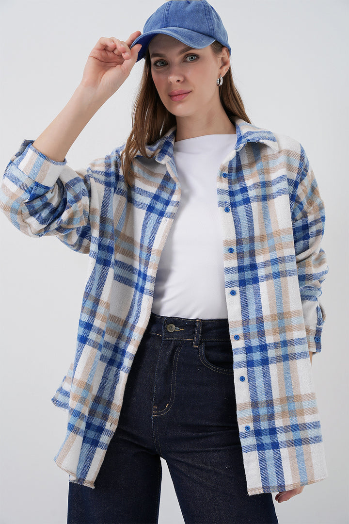 BGD Women Woman Plaid Pattern Oversized Lumberjack Shirt 3854 A.Ecru - Harrow