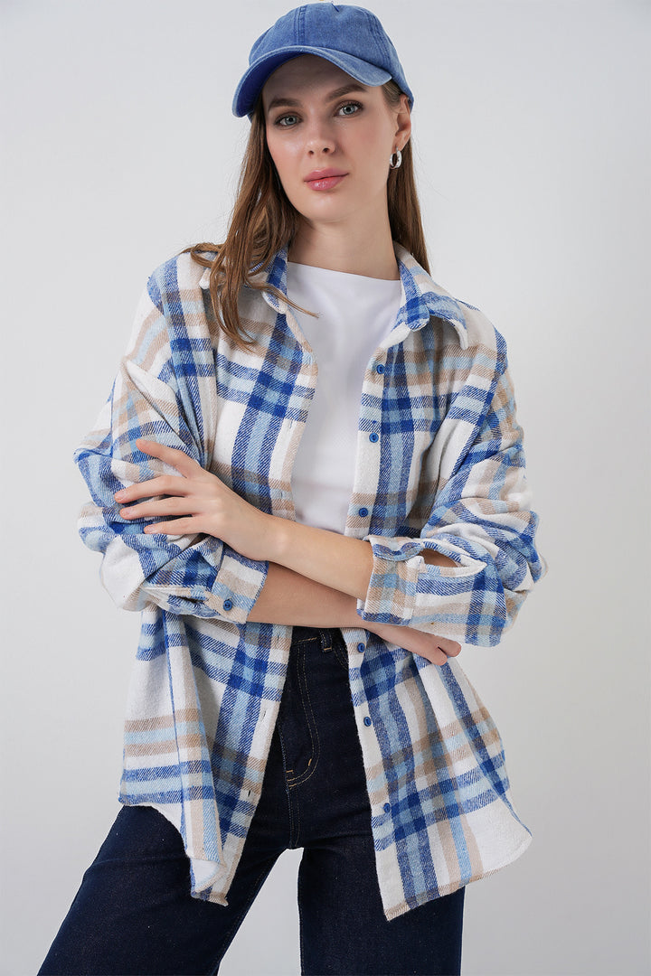 BGD Women Woman Plaid Pattern Oversized Lumberjack Shirt 3854 A.Ecru - Harrow