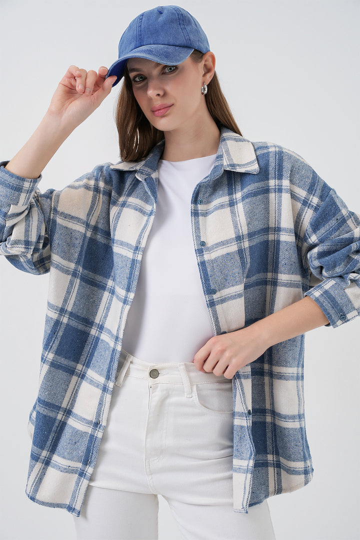 BGD Women Woman Plaid Pattern Oversized Lumberjack Shirt 3854 Baby Blue - Stretford