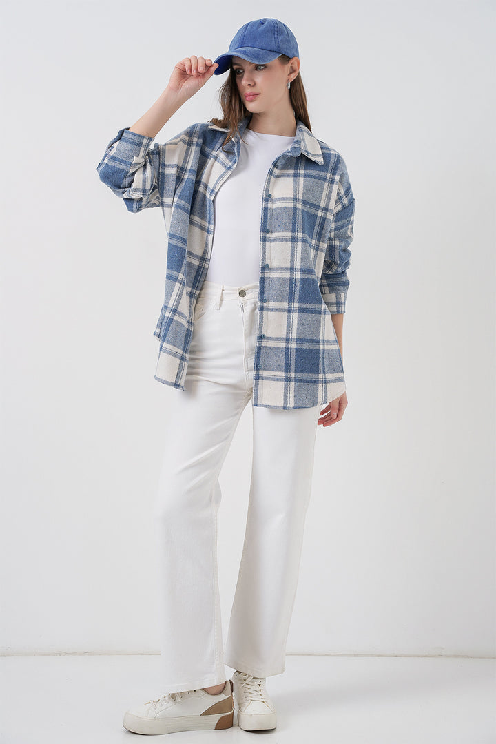 BGD Women Woman Plaid Pattern Oversized Lumberjack Shirt 3854 Baby Blue - Stretford