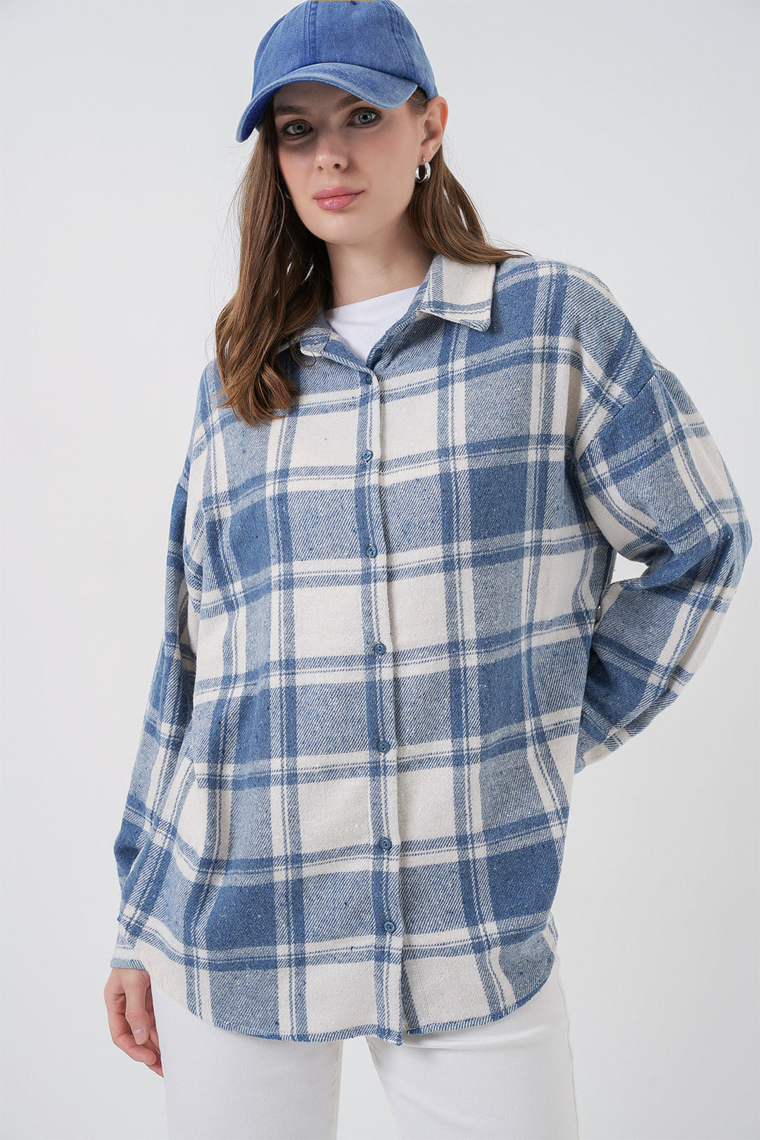 BGD Women Woman Plaid Pattern Oversized Lumberjack Shirt 3854 Baby Blue - Stretford