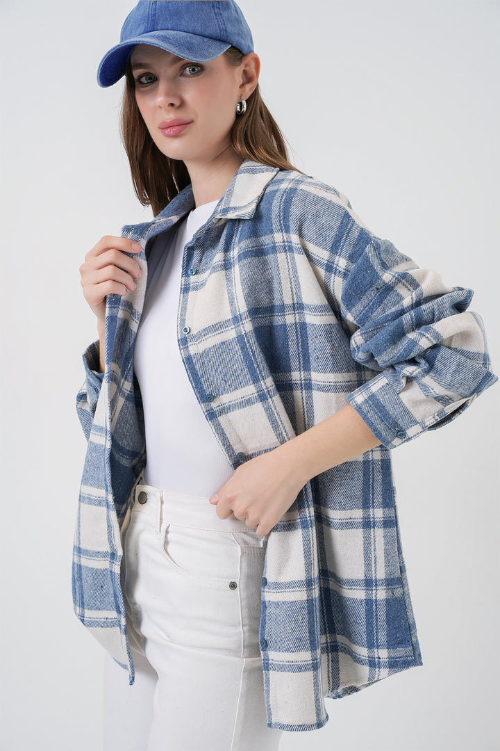 BGD Women Woman Plaid Pattern Oversized Lumberjack Shirt 3854 Baby Blue - Stretford