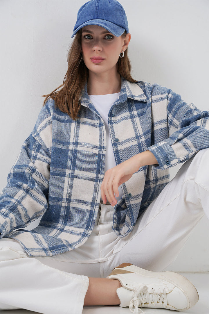 BGD Women Woman Plaid Pattern Oversized Lumberjack Shirt 3854 Baby Blue - Stretford