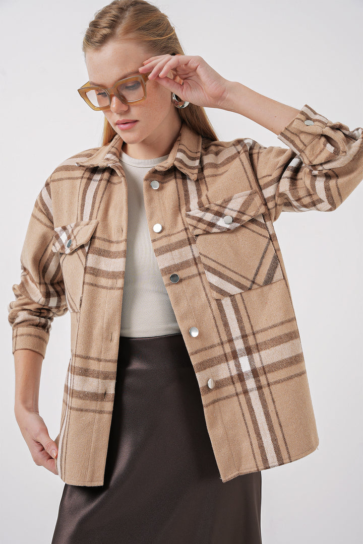 BGD Women Plaid Pattern Double Pocket Shirt - Biscuit - Newnan