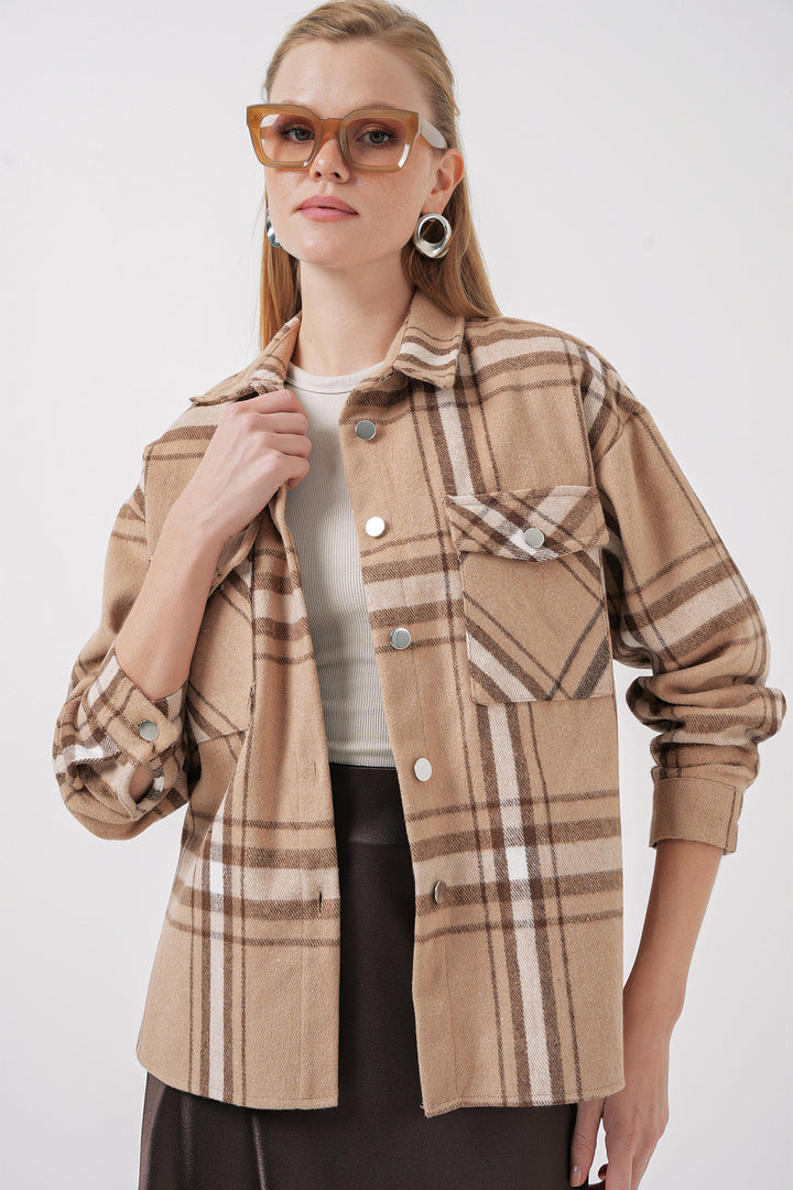 BGD Women Plaid Pattern Double Pocket Shirt - Biscuit - Newnan