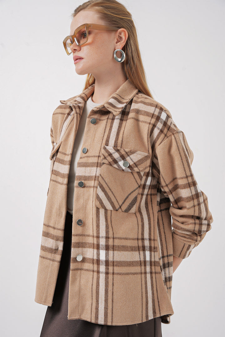 BGD Women Plaid Pattern Double Pocket Shirt - Biscuit - Newnan