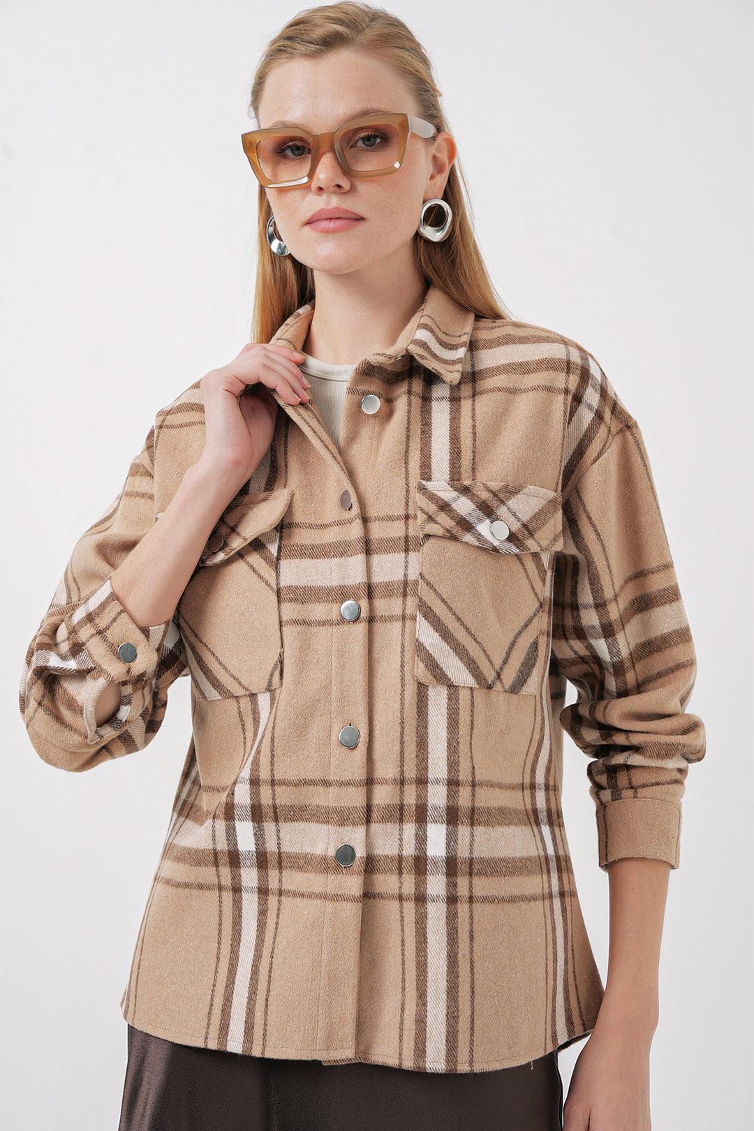 BGD Women Plaid Pattern Double Pocket Shirt - Biscuit - Newnan
