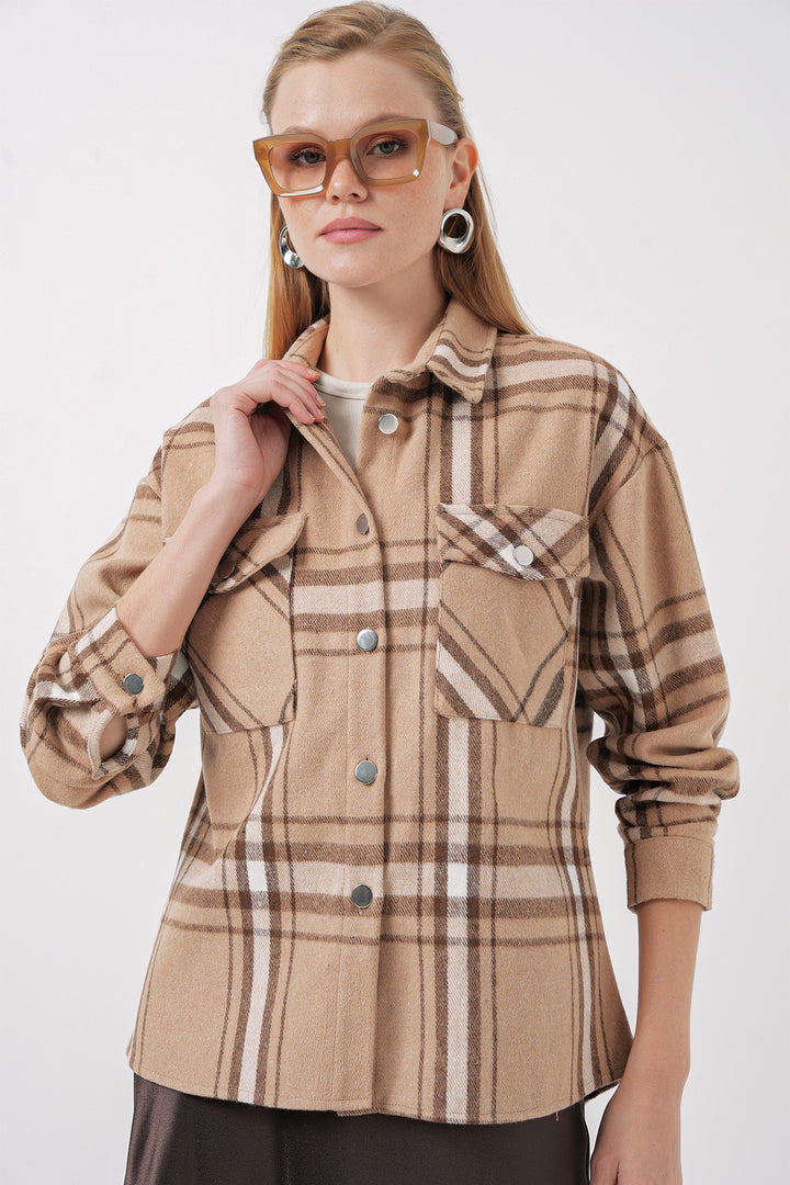 BGD Women Plaid Pattern Double Pocket Shirt - Biscuit - Newnan