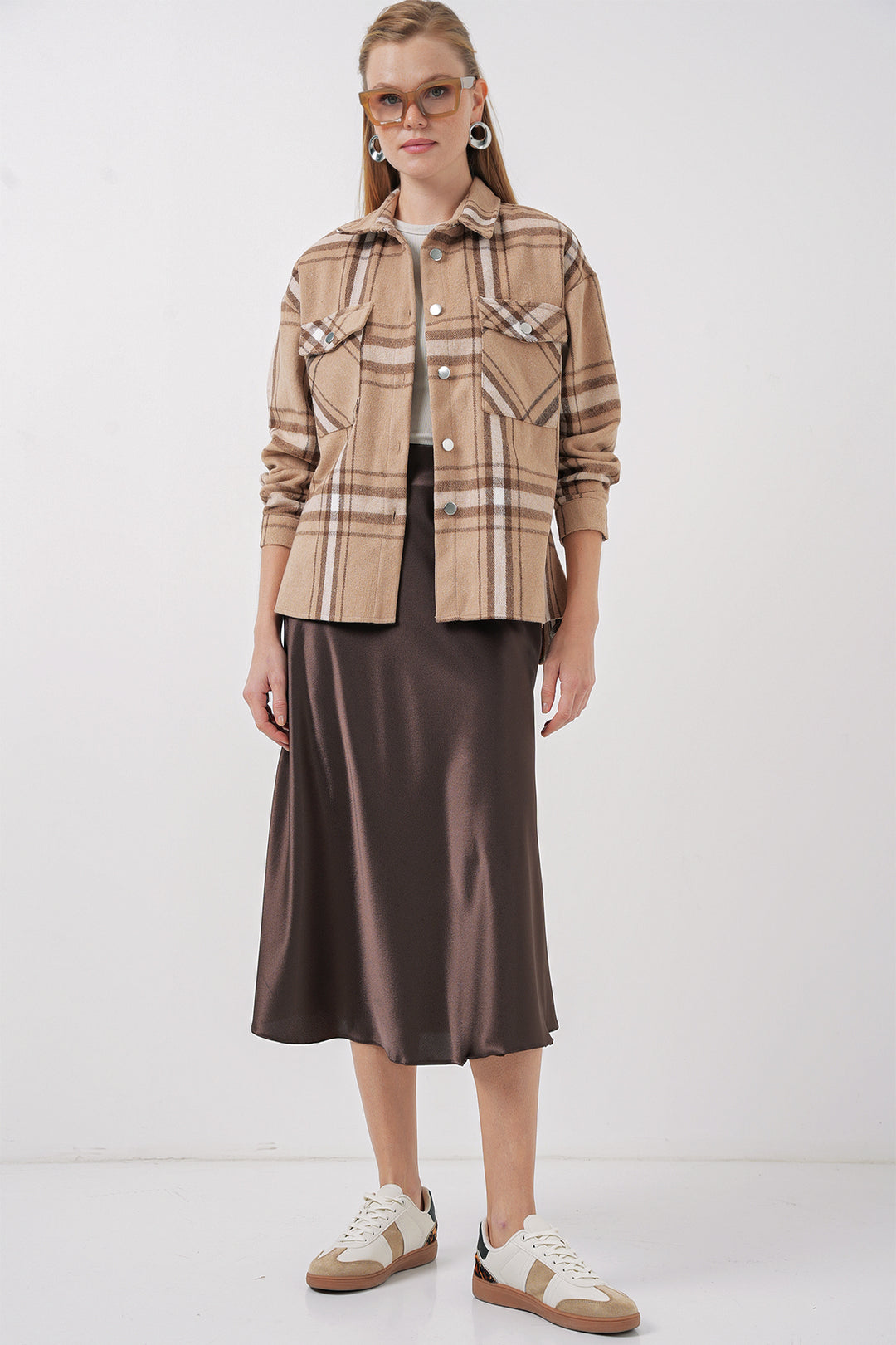 BGD Women Plaid Pattern Double Pocket Shirt - Biscuit - Newnan
