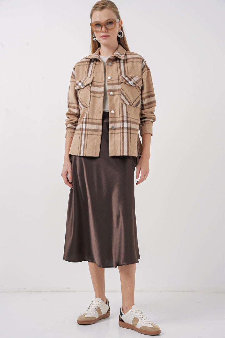 BGD Women Plaid Pattern Double Pocket Shirt - Biscuit - Newnan