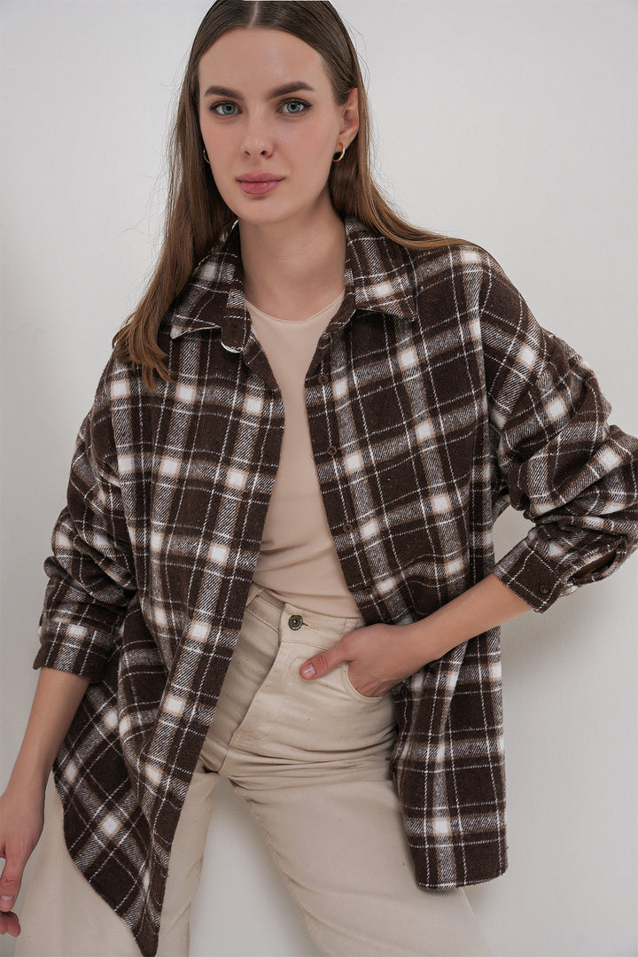 BGD Women Women's Plaid Pattern Oversized Lumberjack Shirt 3854 C. Brown - Brantford