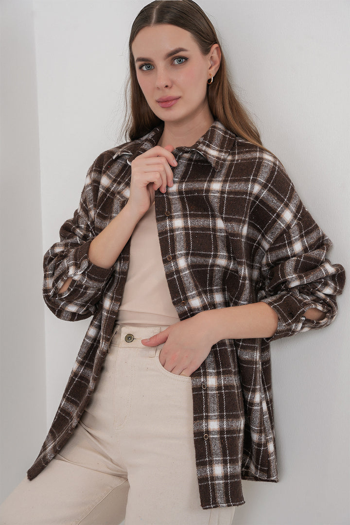 BGD Women Women's Plaid Pattern Oversized Lumberjack Shirt 3854 C. Brown - Brantford