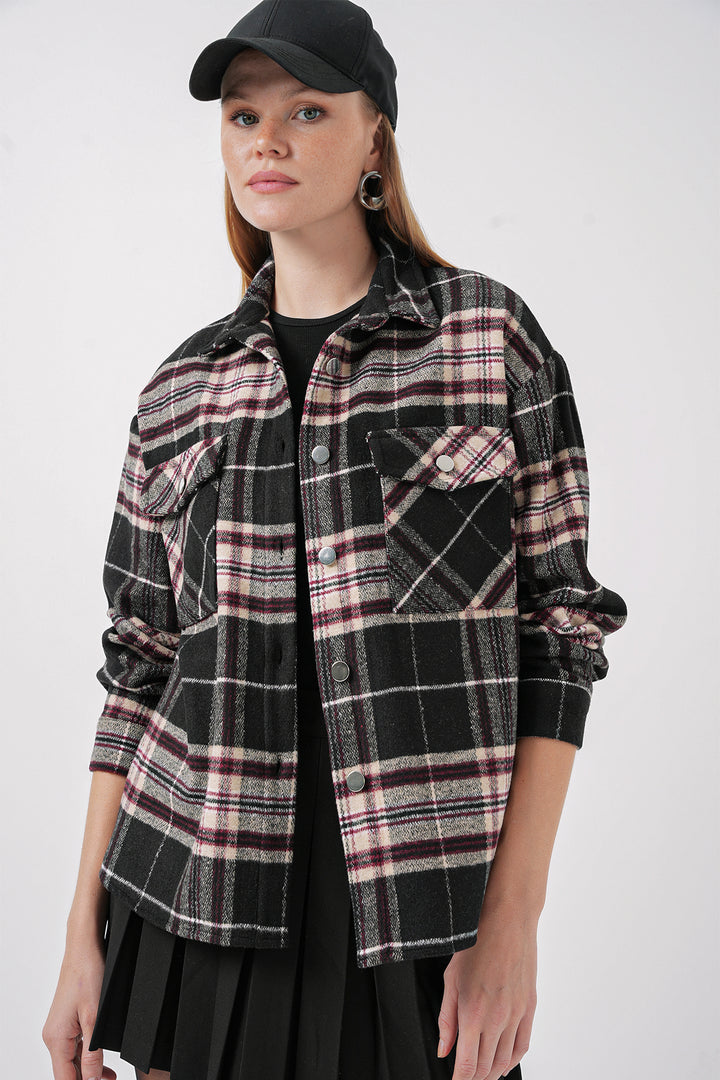 BGD Women Plaid Pattern Double Pocket Shirt - Dark Black - Clovis
