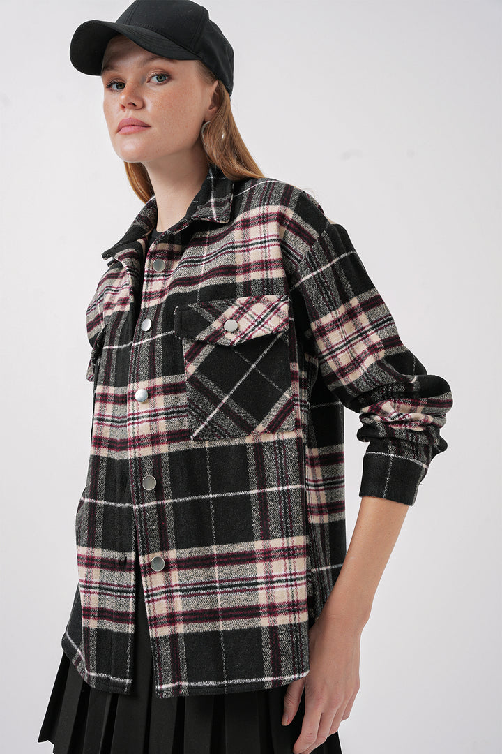BGD Women Plaid Pattern Double Pocket Shirt - Dark Black - Clovis