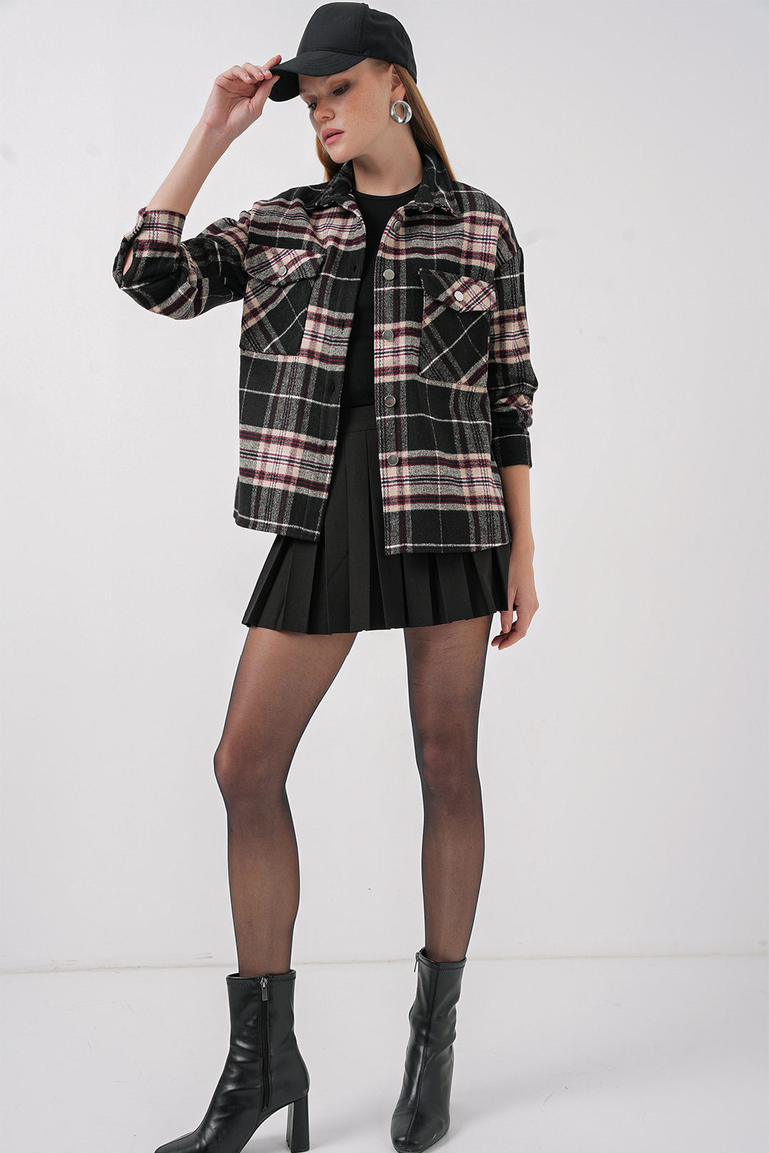 BGD Women Plaid Pattern Double Pocket Shirt - Dark Black - Clovis
