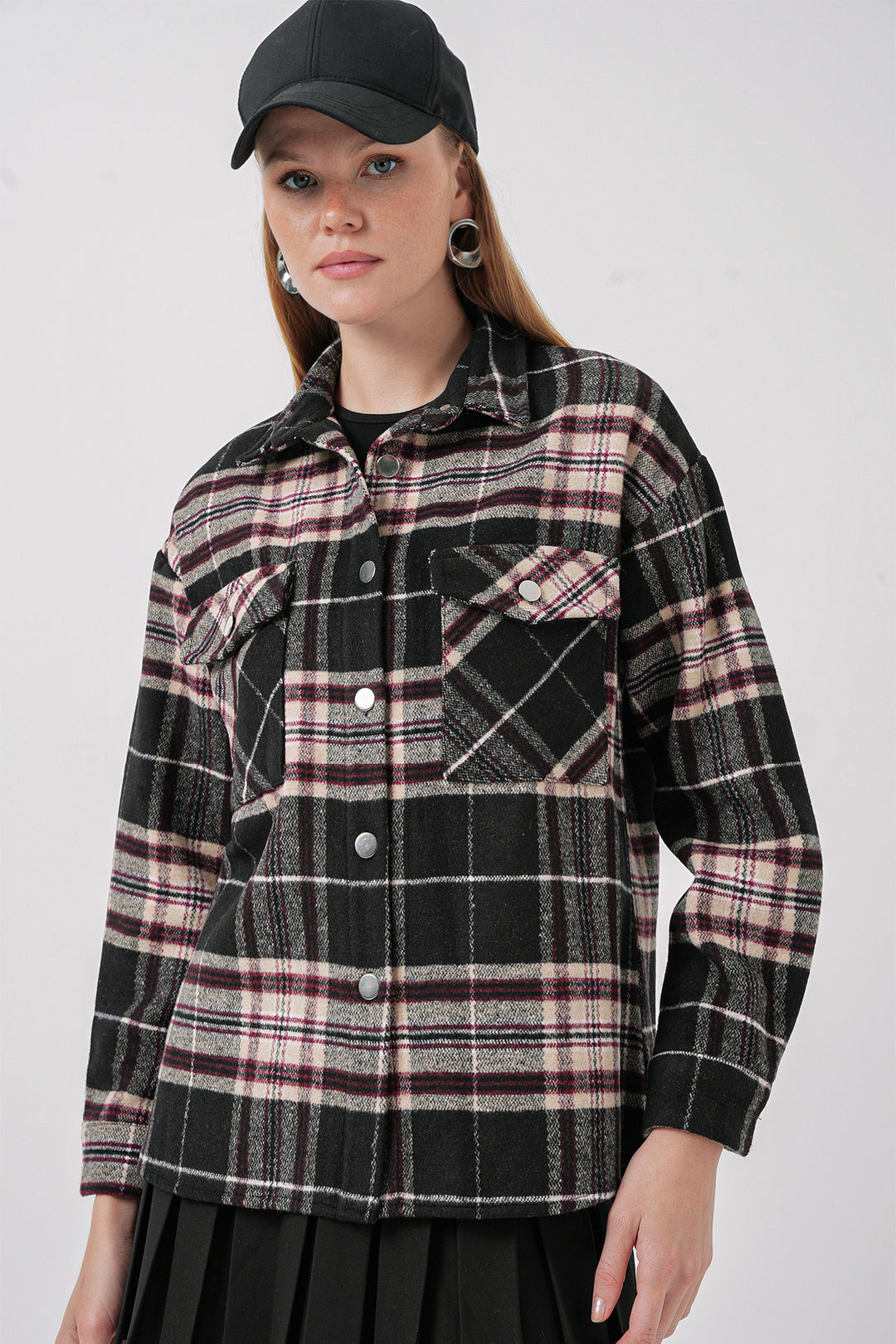 BGD Women Plaid Pattern Double Pocket Shirt - Dark Black - Clovis