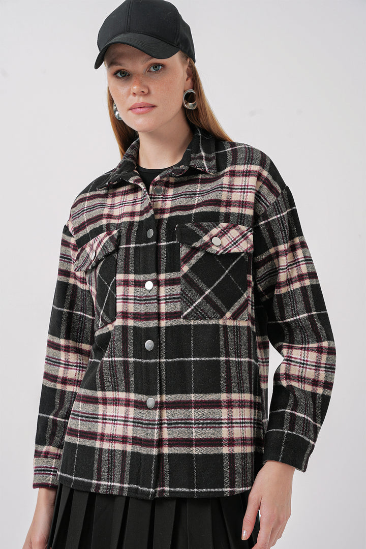 BGD Women Plaid Pattern Double Pocket Shirt - Dark Black - Clovis