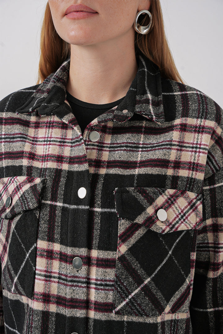 BGD Women Plaid Pattern Double Pocket Shirt - Dark Black - Clovis
