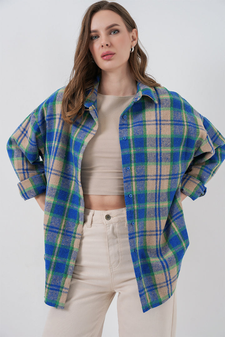 BGD Women Women's Plaid Pattern Oversized Lumberjack Shirt 3854 Blue Gray - Burriana