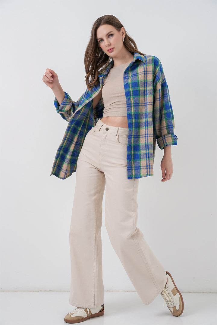 BGD Women Women's Plaid Pattern Oversized Lumberjack Shirt 3854 Blue Gray - Burriana