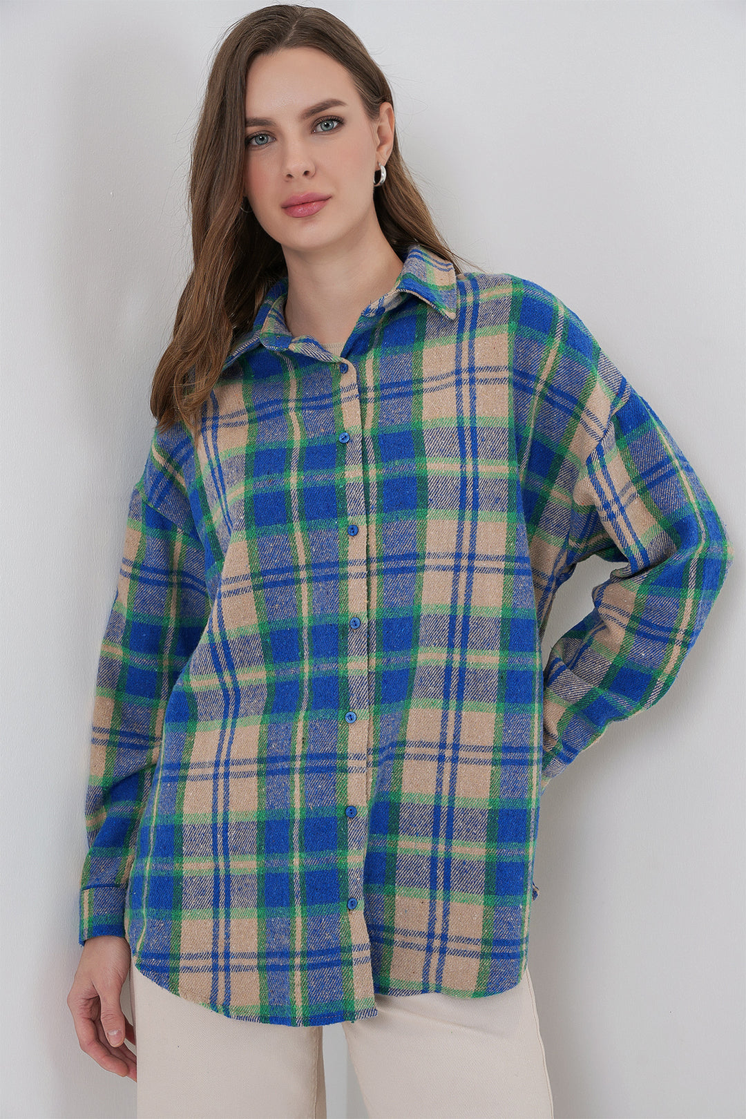 BGD Women Women's Plaid Pattern Oversized Lumberjack Shirt 3854 Blue Gray - Burriana