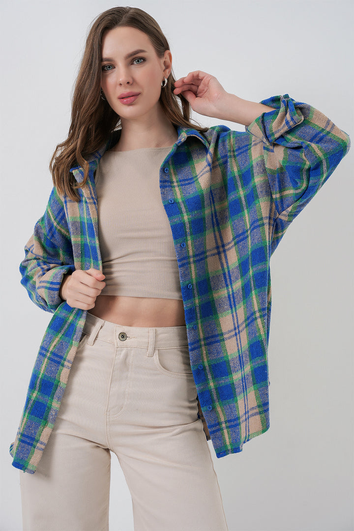 BGD Women Women's Plaid Pattern Oversized Lumberjack Shirt 3854 Blue Gray - Burriana