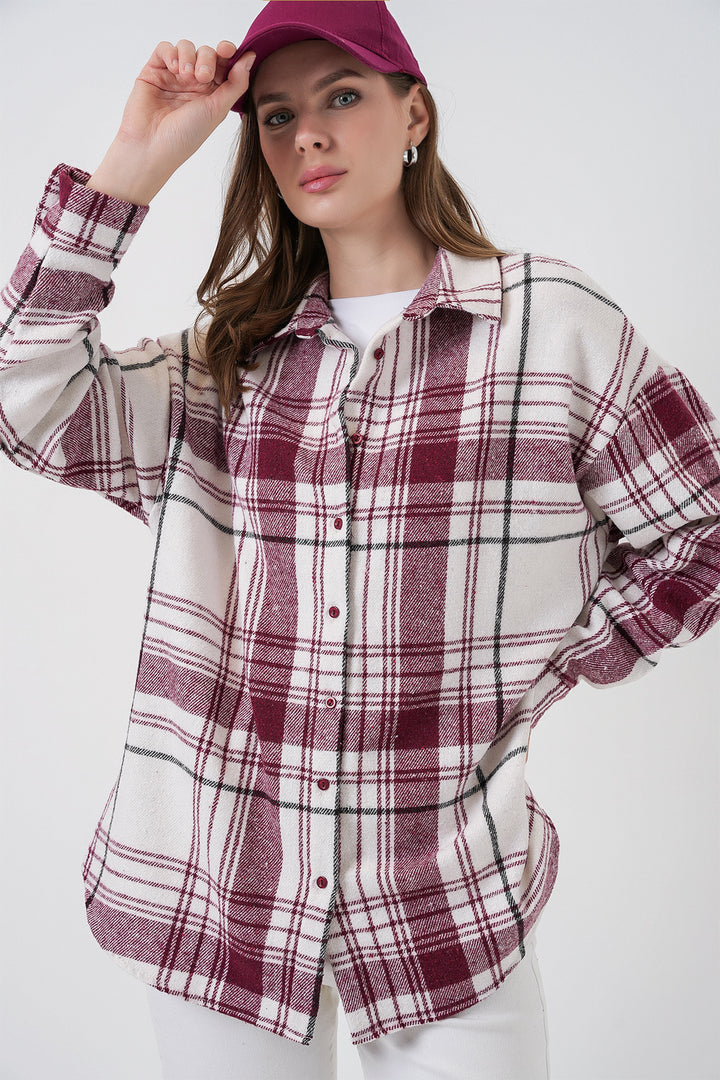 BGD Women Women's Plaid Pattern Oversized Lumberjack Shirt 3854 Dark Pink - Ellicott City