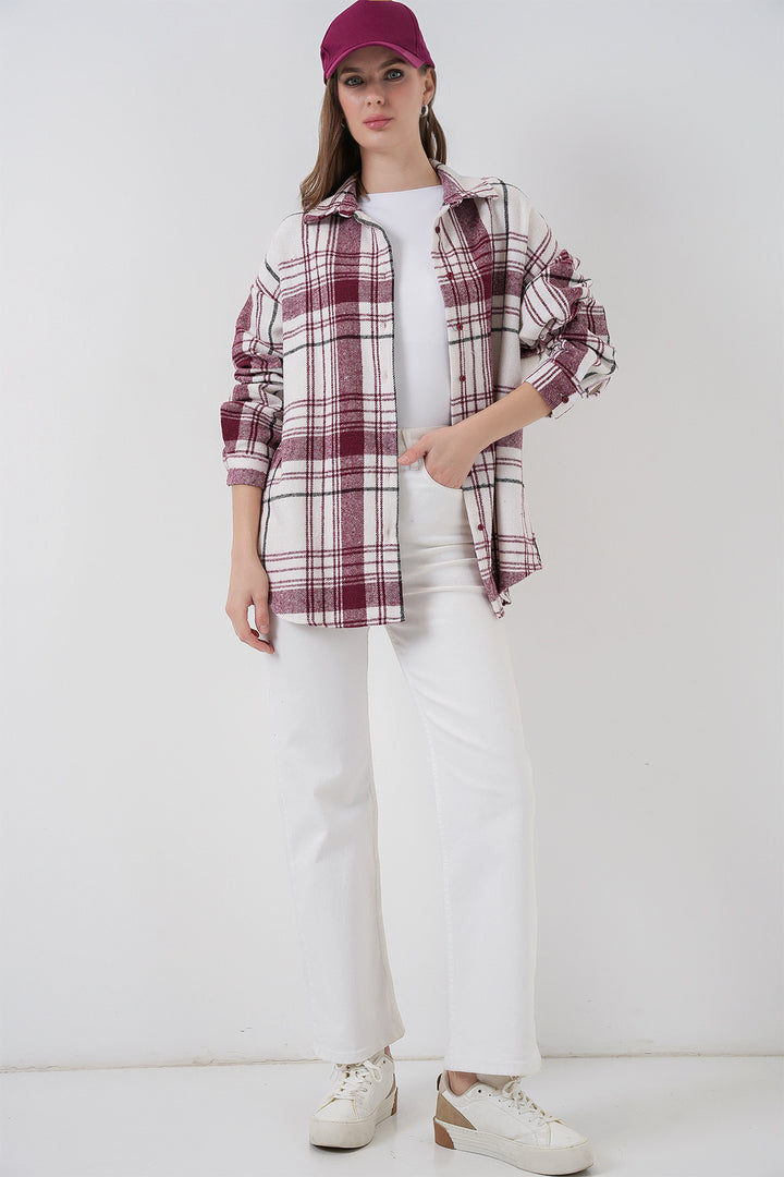 BGD Women Women's Plaid Pattern Oversized Lumberjack Shirt 3854 Dark Pink - Ellicott City