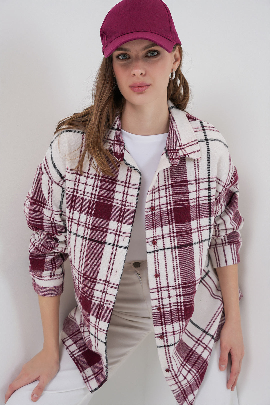 BGD Women Women's Plaid Pattern Oversized Lumberjack Shirt 3854 Dark Pink - Ellicott City