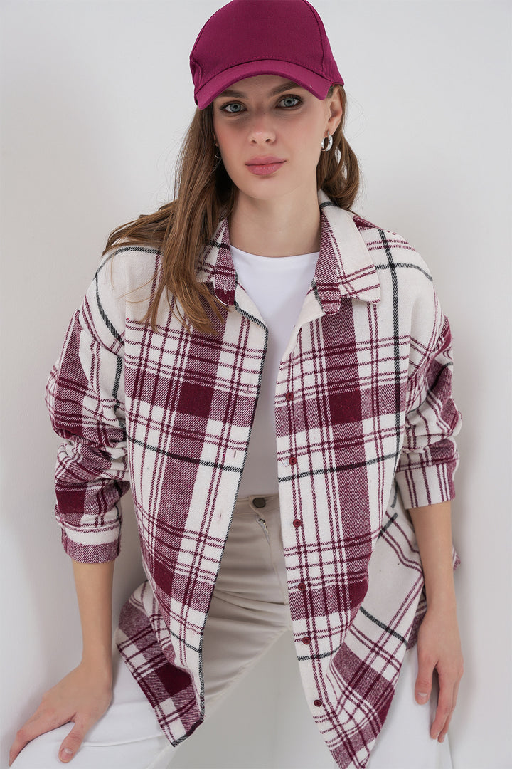 BGD Women Women's Plaid Pattern Oversized Lumberjack Shirt 3854 Dark Pink - Ellicott City