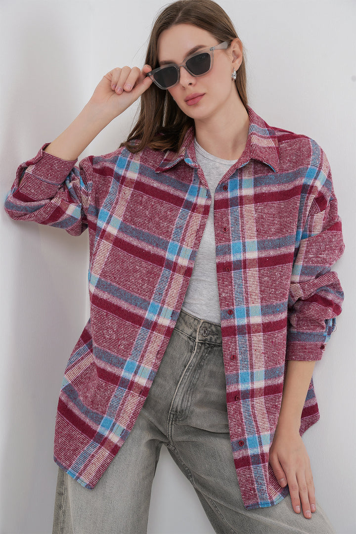 BGD Women Women's Plaid Pattern Oversized Lumberjack Shirt 3854 Purple - Cuetzalan