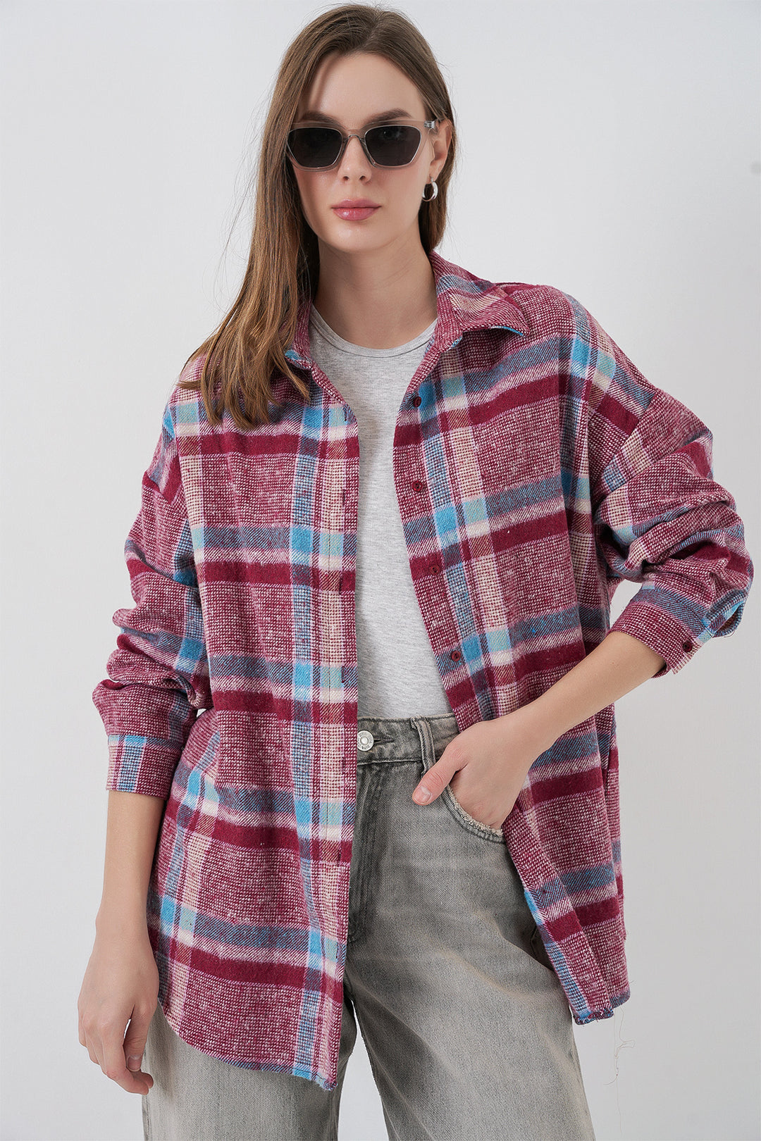 BGD Women Women's Plaid Pattern Oversized Lumberjack Shirt 3854 Purple - Cuetzalan