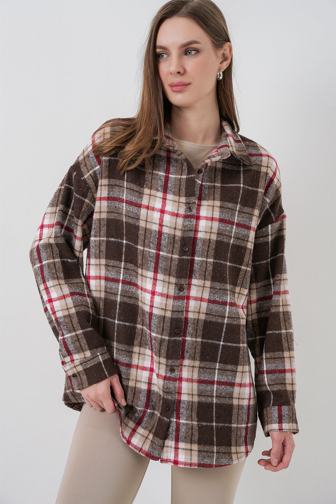 BGD Women Women's Plaid Pattern Oversized Lumberjack Shirt 3854 Mink - Miranda de Ebro
