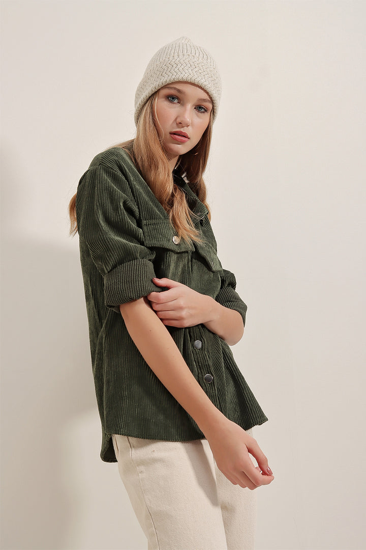 BGD Women Striped Velvet Shirt - Khaki - Barcelona