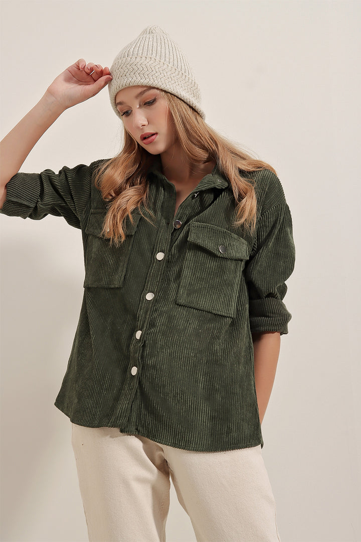 BGD Women Striped Velvet Shirt - Khaki - Barcelona