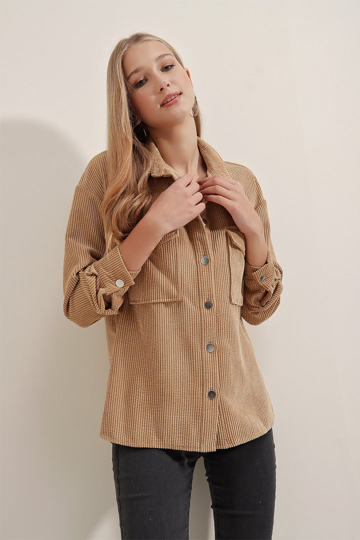 BGD Women Striped Velvet Shirt - Biscuit - Carrara