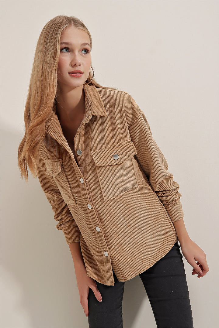 BGD Women Striped Velvet Shirt - Biscuit - Carrara