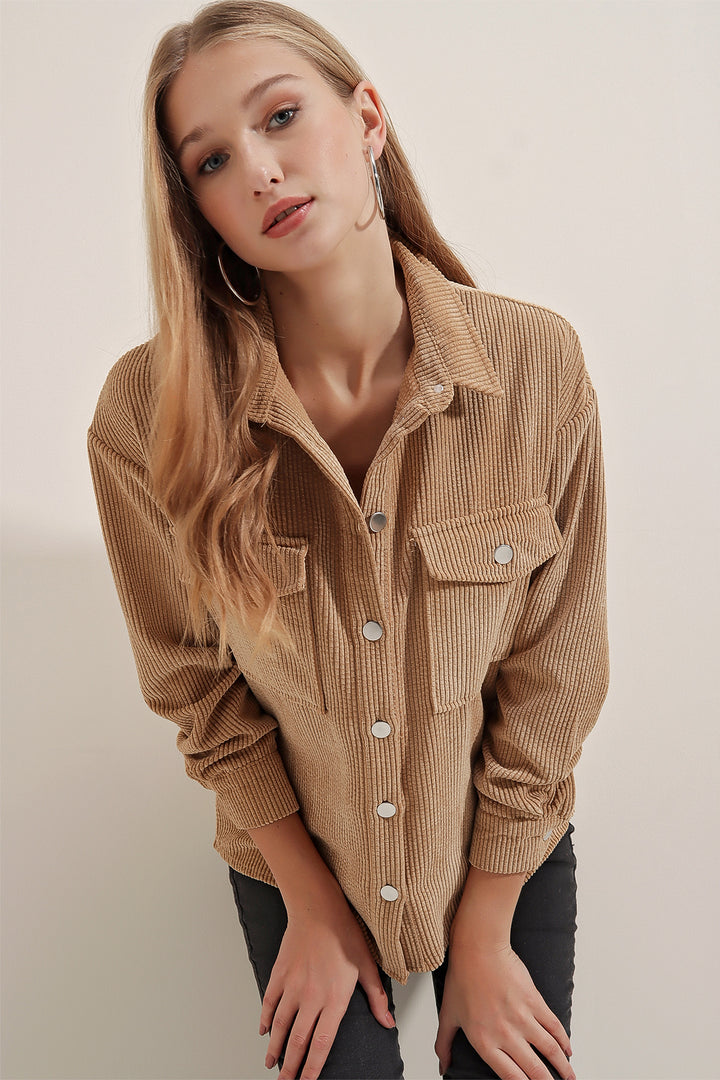 BGD Women Striped Velvet Shirt - Biscuit - Carrara
