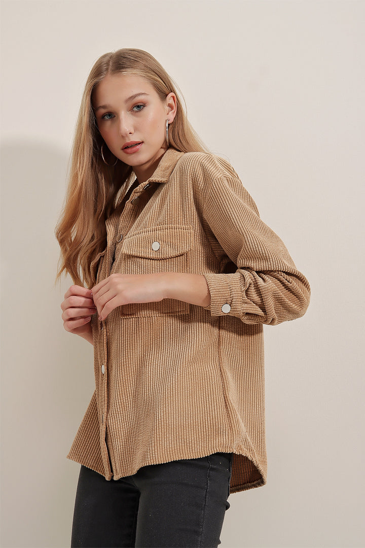 BGD Women Striped Velvet Shirt - Biscuit - Carrara