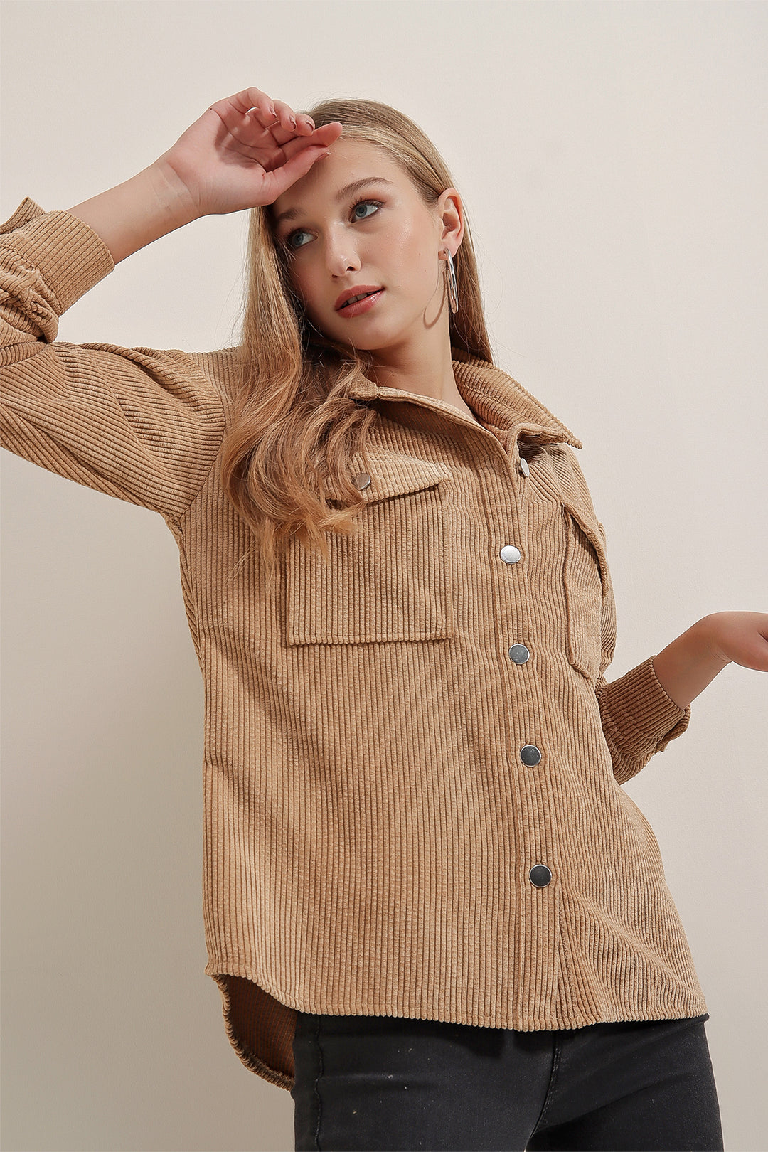 BGD Women Striped Velvet Shirt - Biscuit - Carrara