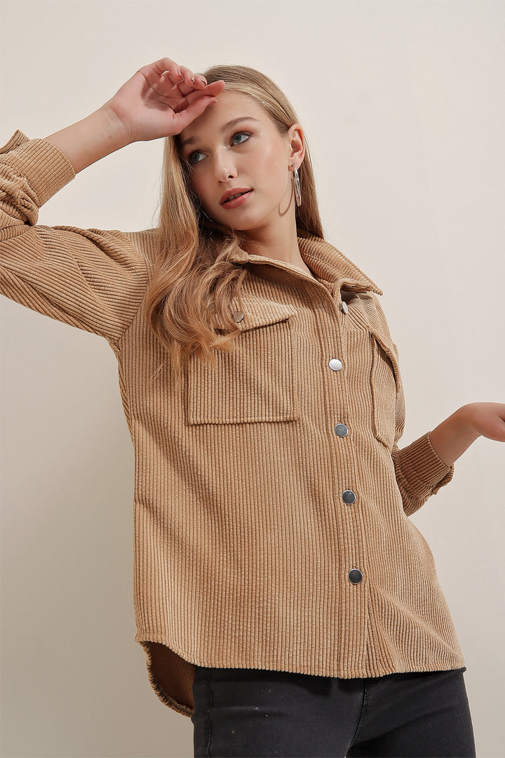 BGD Women Striped Velvet Shirt - Biscuit - Carrara