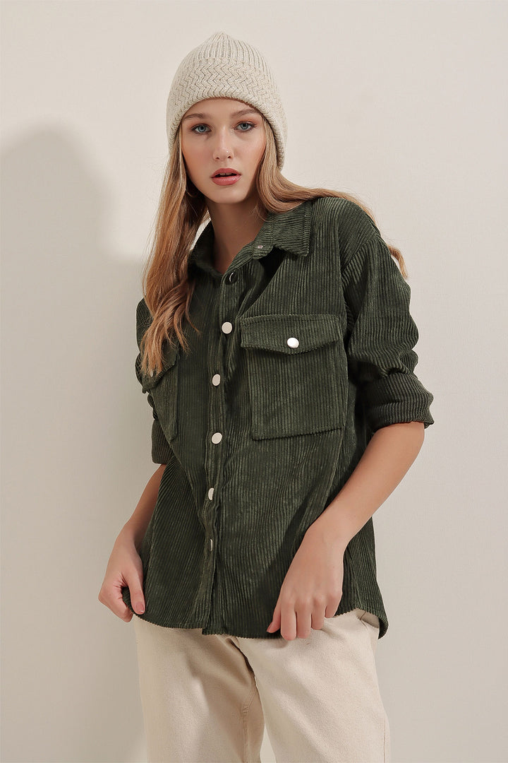 BGD Women Striped Velvet Shirt - Khaki - Barcelona