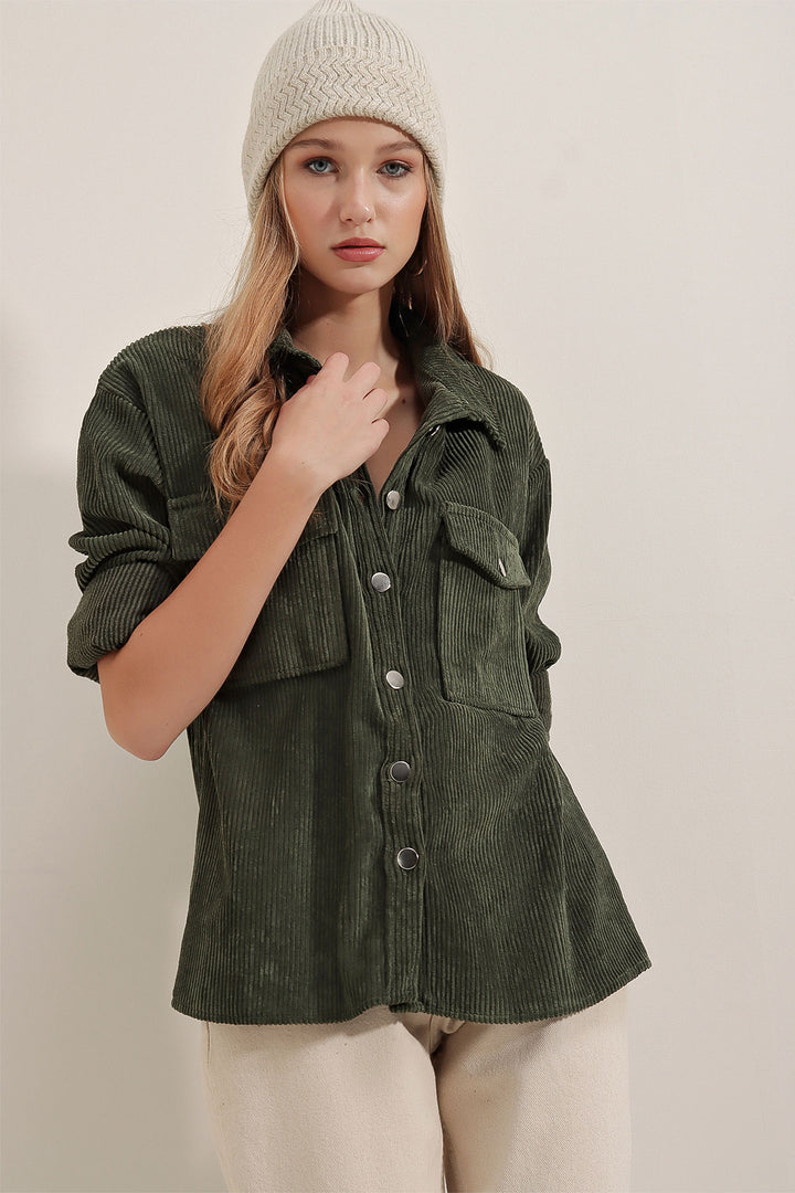 BGD Women Striped Velvet Shirt - Khaki - Barcelona