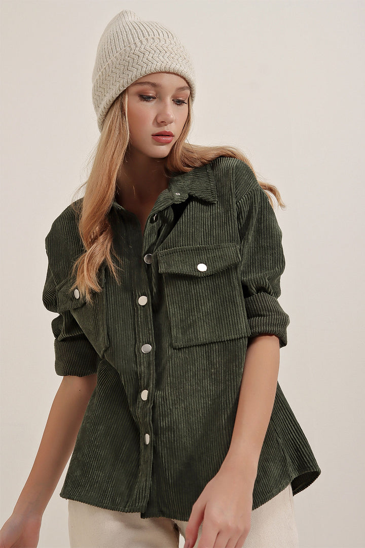 BGD Women Striped Velvet Shirt - Khaki - Barcelona